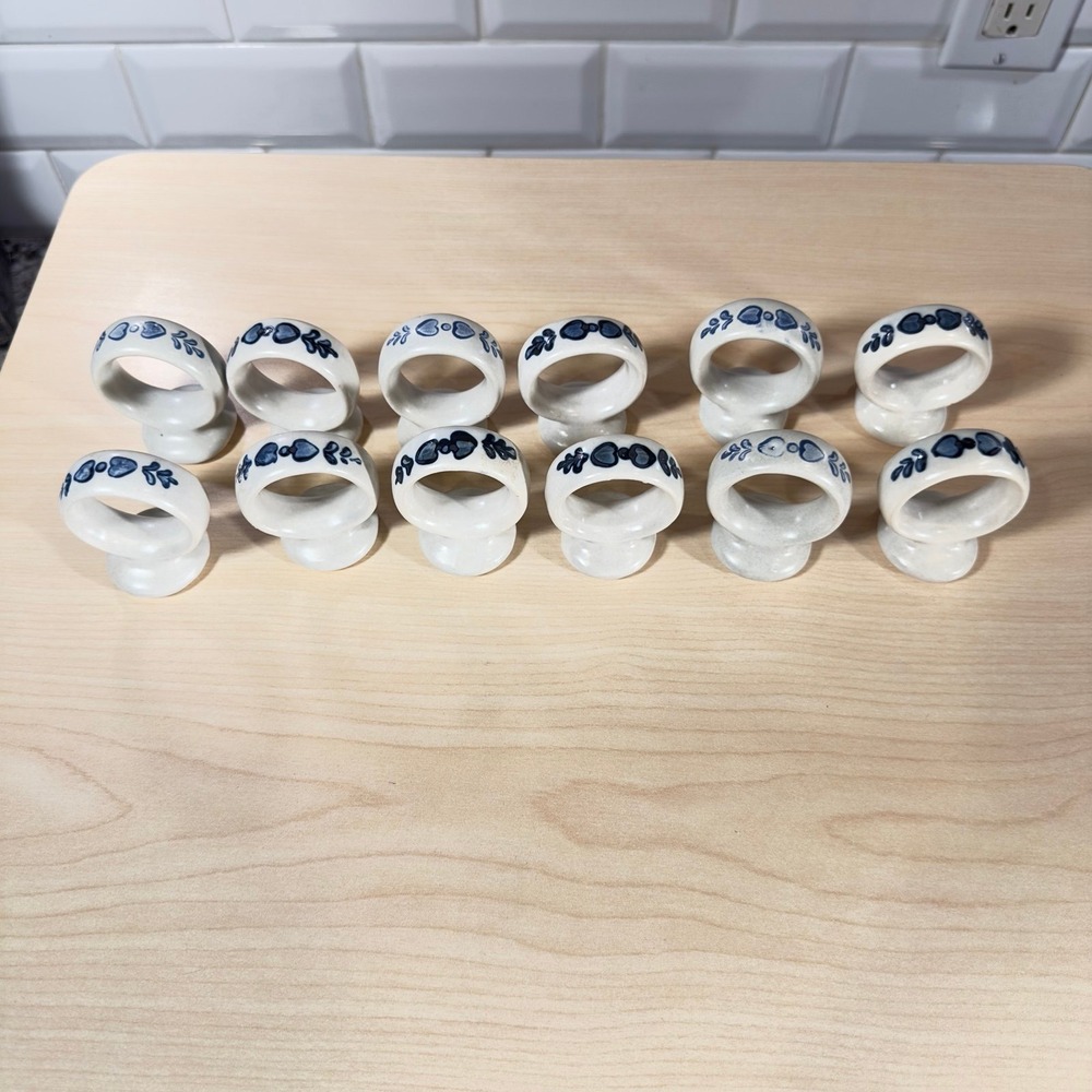 12 Napkin Rings Pfaltzgraff Yorktowne 1960s USA Blue White Stoneware  Vintage
